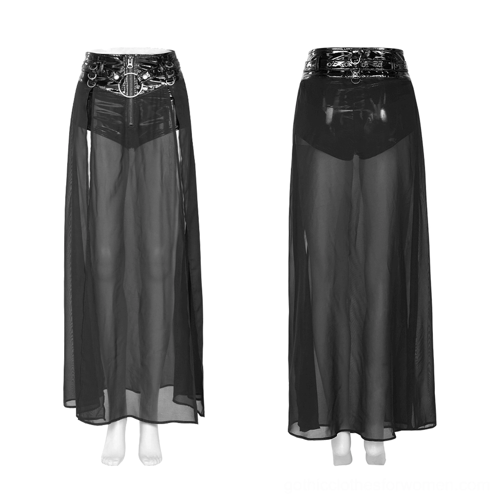 Gothic punk half skirt with metal belt on dress form - front display