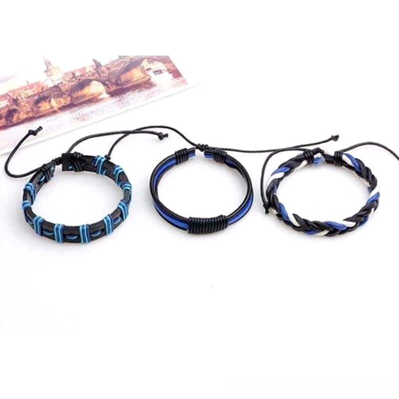 Three individual punk gothic bracelets with adjustable pull cords, unified color palette display