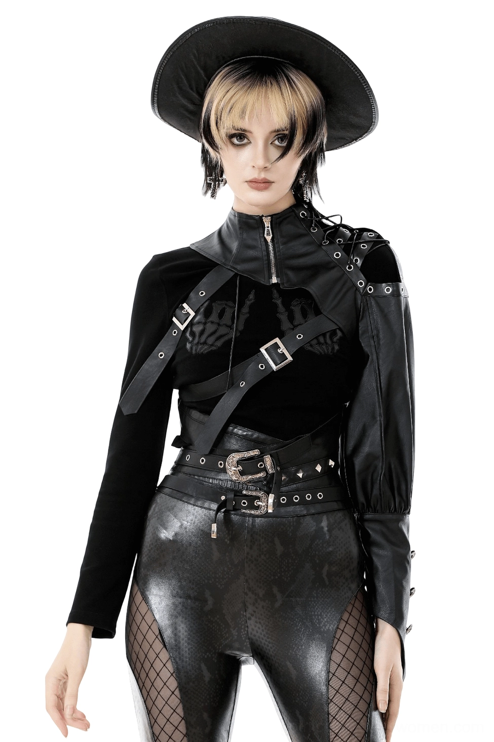 Asymmetric punk leather shoulder cape front view on model with blonde hair, black leather with metal hardware and strap detailing, studio shot