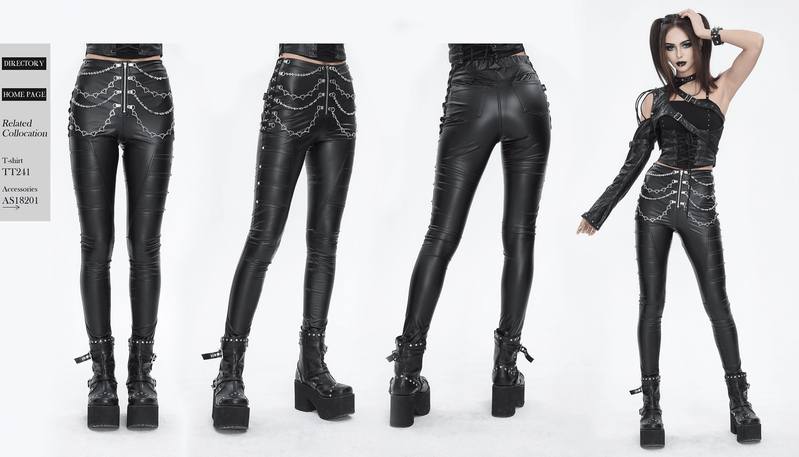 Women's gothic faux leather pants with metal heart chains and punk hardware accents