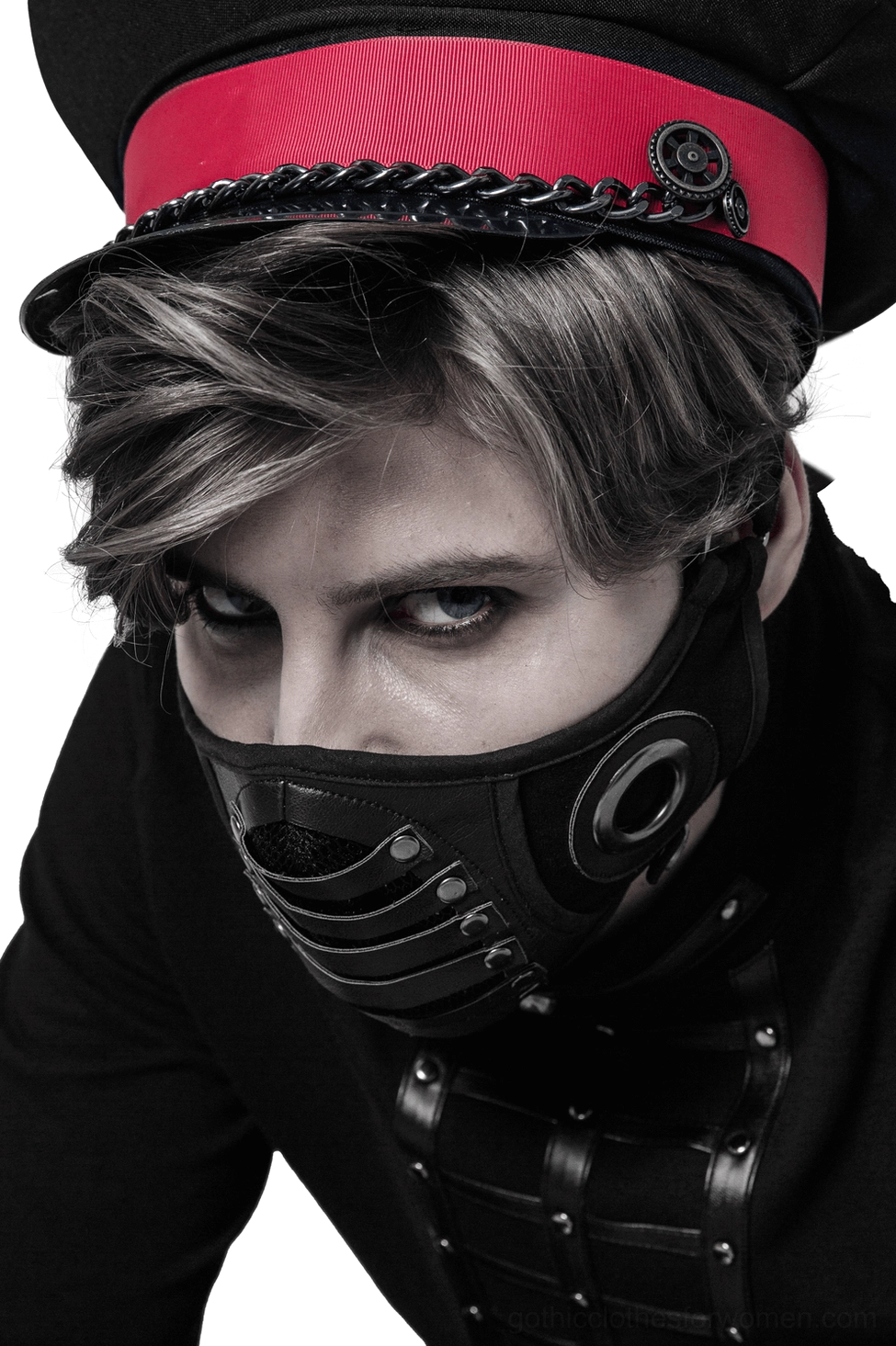 Gothic punk leather face mask featuring round metal grommets and rivet details, frontal angle with military-style cap styling