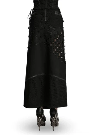 Black gothic punk maxi skirt rear view showing mesh panels, back zipper closure, and alternative styling