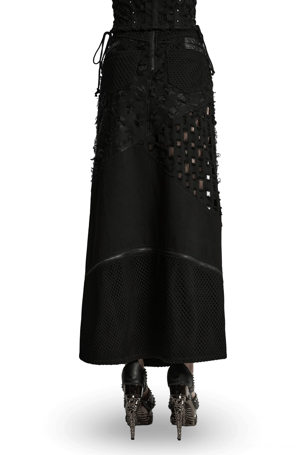 Black gothic punk maxi skirt rear view showing mesh panels, back zipper closure, and alternative styling