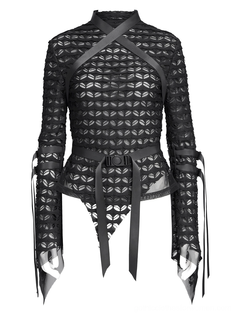 Gothic punk mesh lace top front static view on mannequin displaying cross chest straps adjustable waist belt and asymmetrical hem