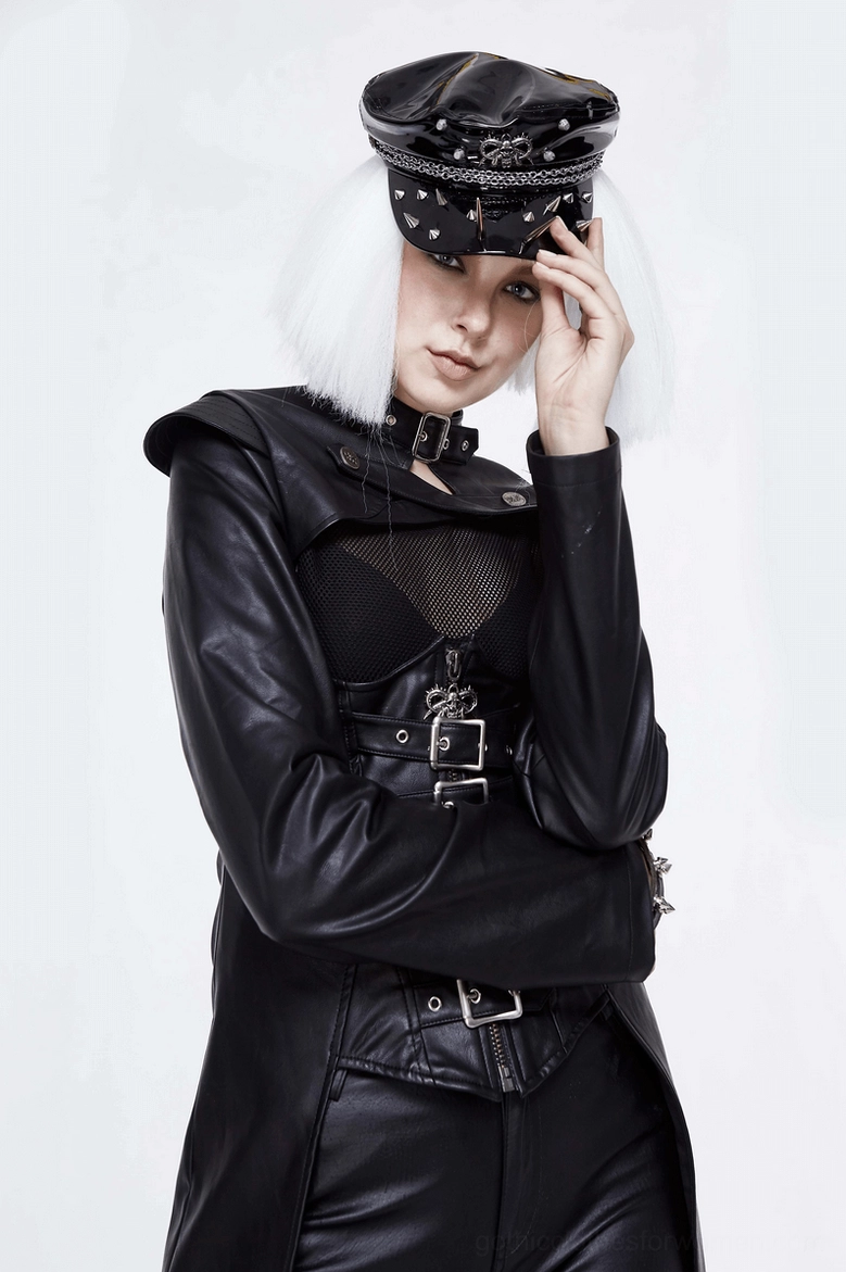 Gothic punk military captain hat with metal embellishments and structural details - alternate angle
