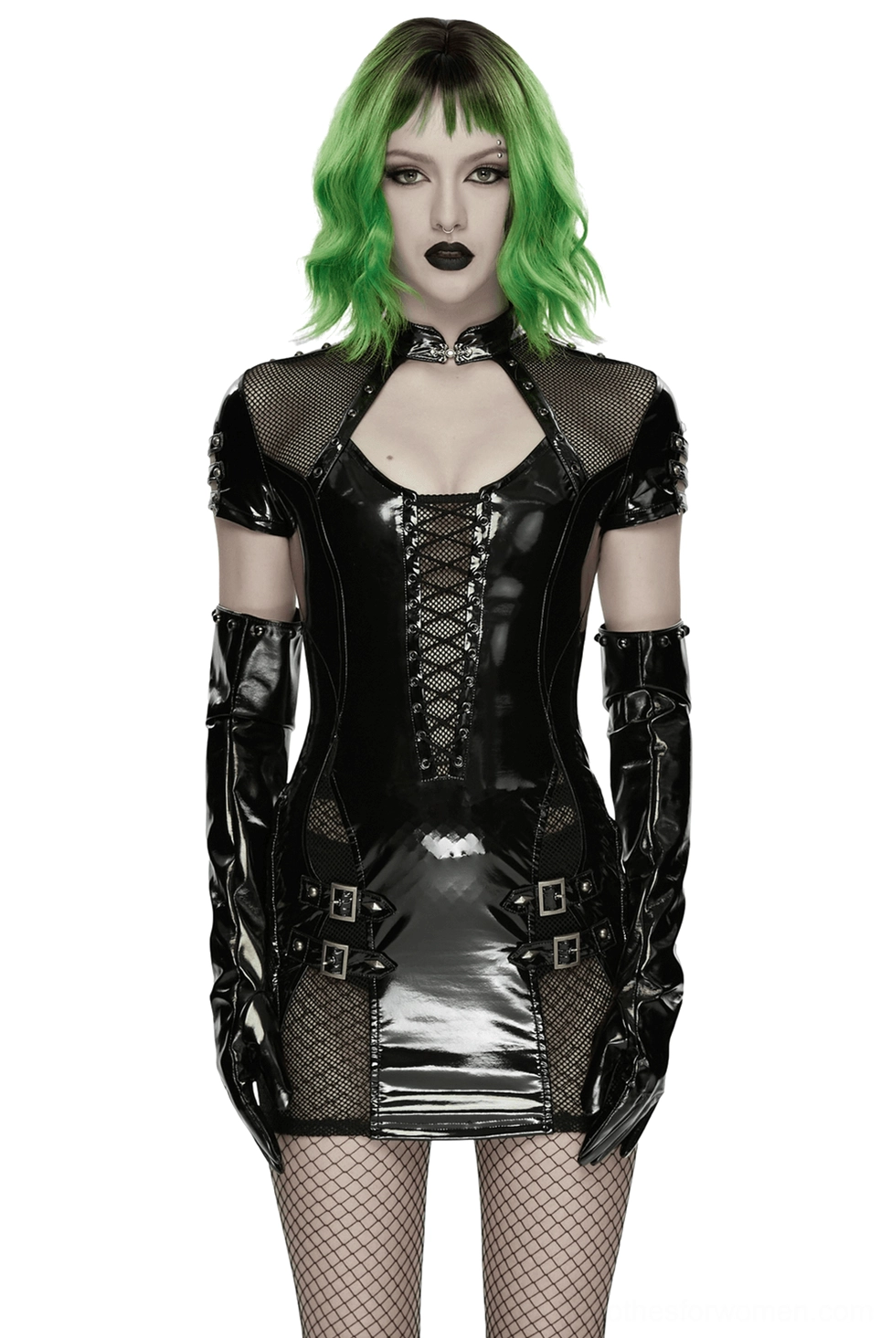 Black patent leather gothic punk mini dress with mesh panels worn by model, front view with lace-up design and buckle details