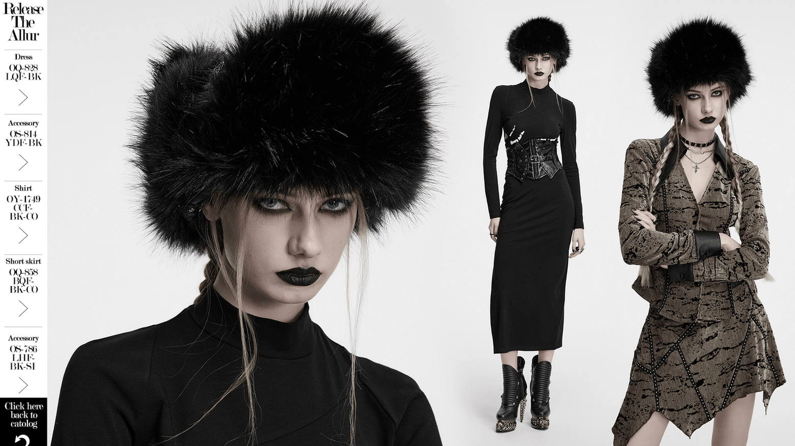 Full product display of gothic punk plush trapper hat with complete metal hardware and ear protection design