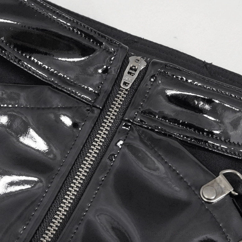 Frontal detailed view of gothic punk shorts with integrated mesh, metal hardware, and strategic cutout design