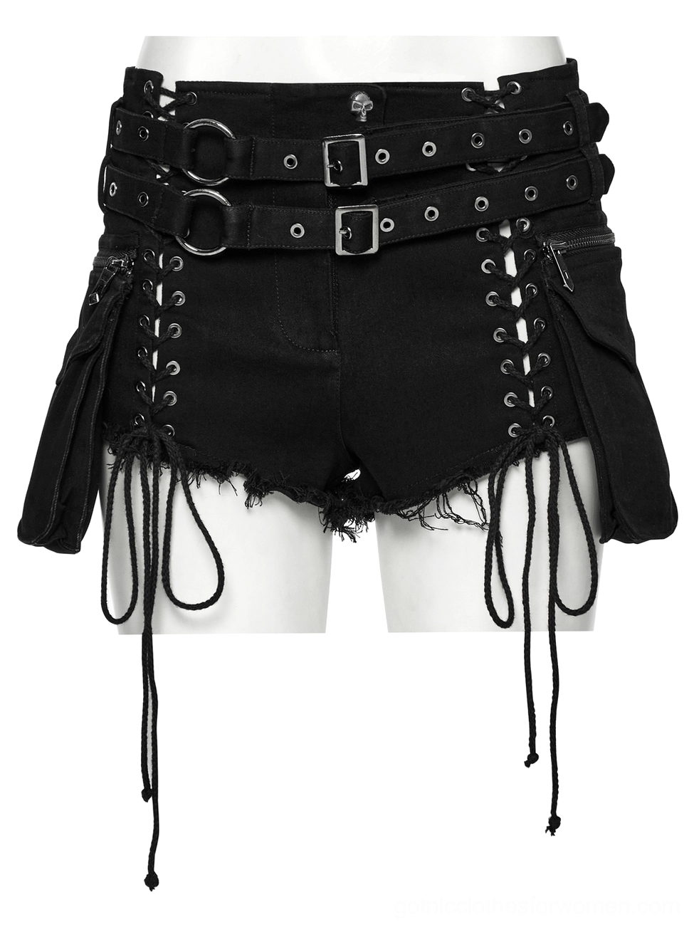 Front flat view of black gothic punk shorts on mannequin displaying full side lace-up construction, double buckle belts, and attached functional pouches