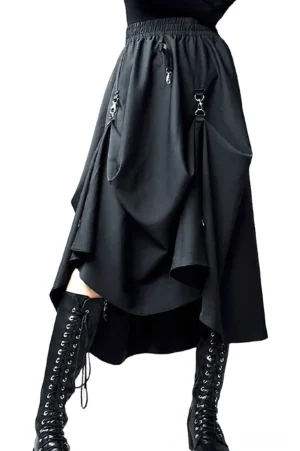 Black asymmetrical gothic punk skirt with metal buckle details and irregular hemline, front close-up view