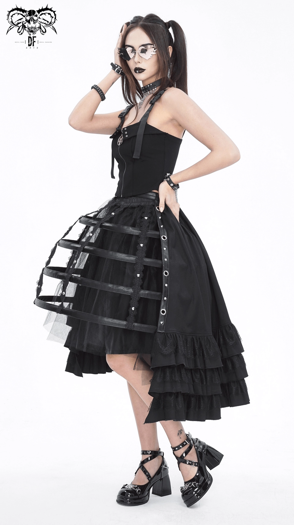 Black gothic punk skirt detail shot of ruffle layers, showing the cascading multi-tier hem construction and textile texture