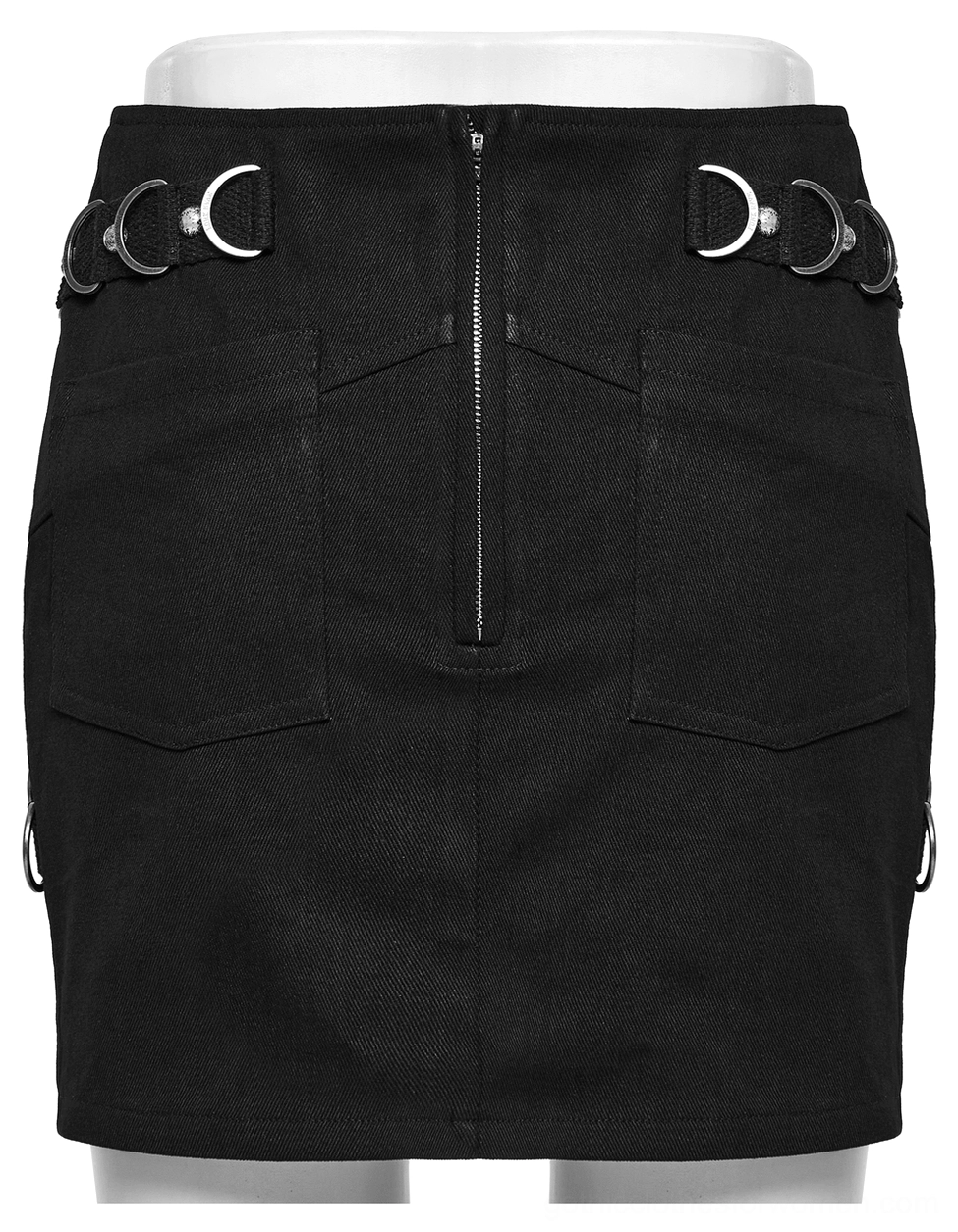 Black gothic punk mini skirt front view mannequin with front zipper, flap pockets and metal side hardware