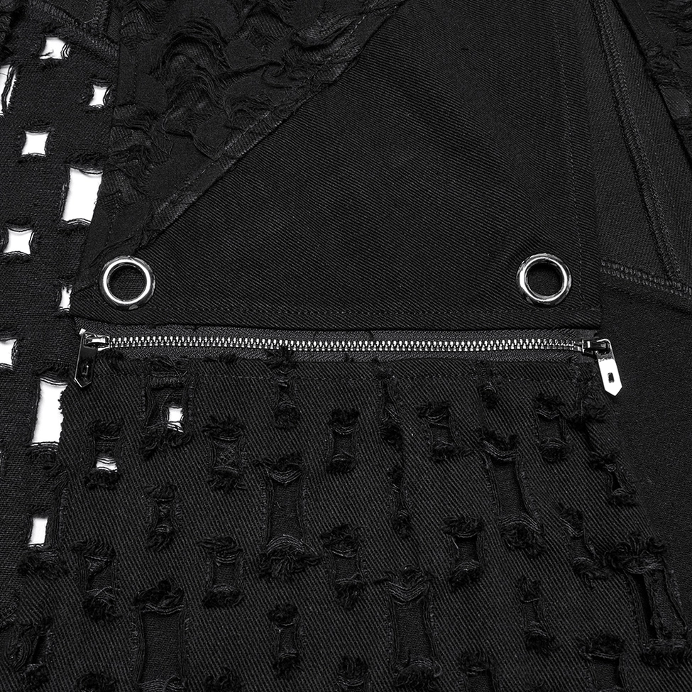 Metal hardware detail on punk gothic skirt including zipper, round metal grommets, and frayed distressed fabric