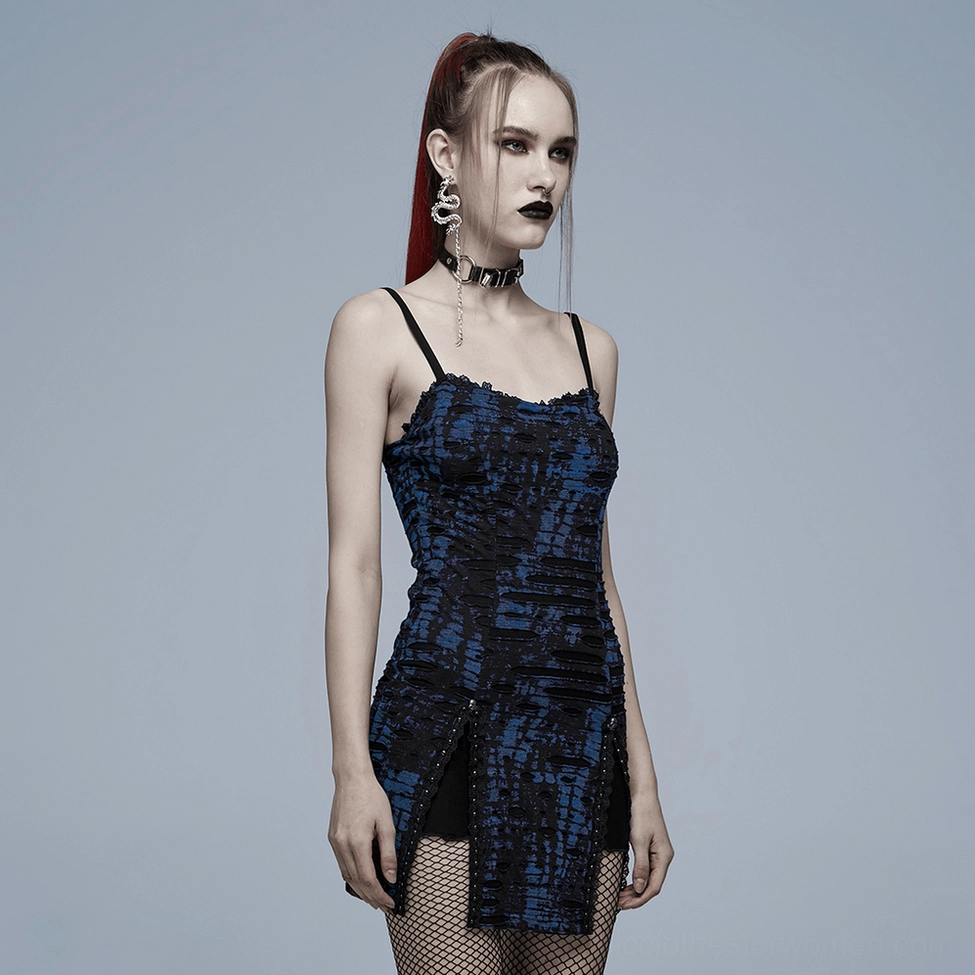 Gothic punk slip dress showing textured knit construction with hole-breaking effect and lace detailing