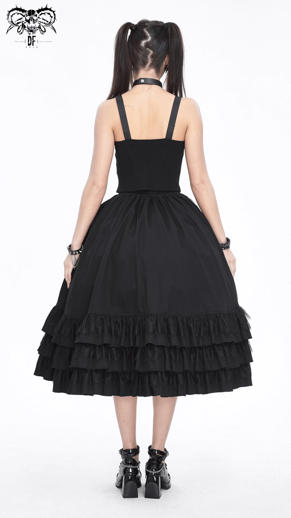 Gothic punk split ruffle skirt full product display showing versatile styling potential for alternative fashion and dark aesthetic