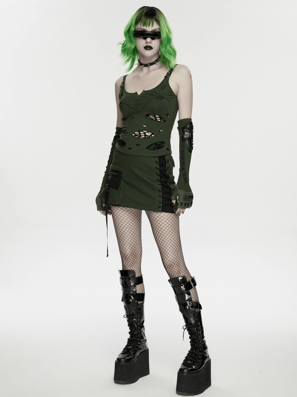 Gothic punk distressed mesh cami tank - Side detail view featuring asymmetrical burnout cutouts and metal hardware