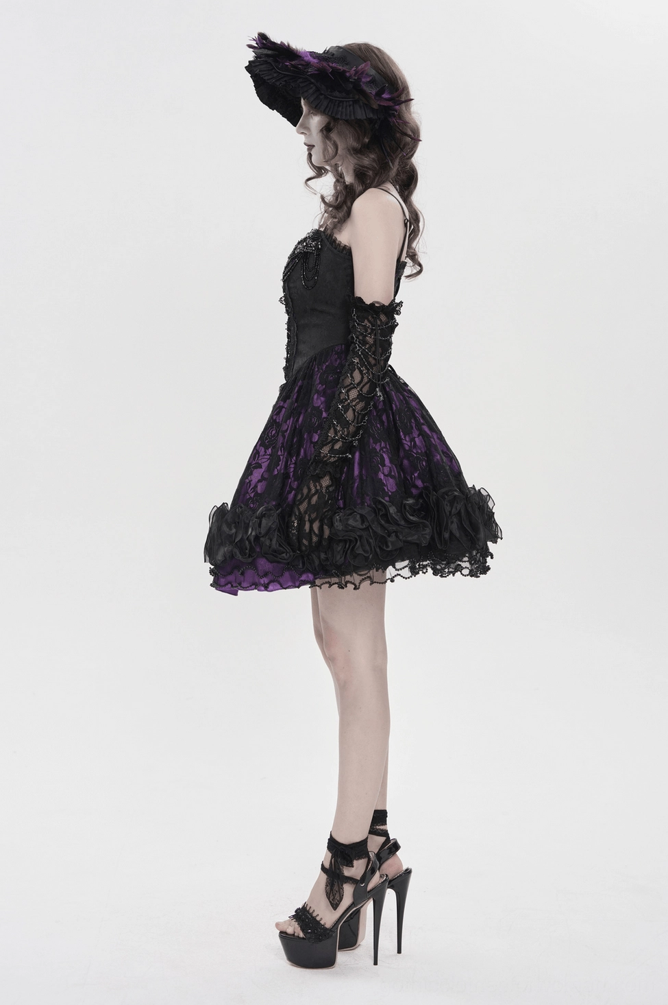 Alternative front view of gothic purple corset dress emphasizing beaded details and lace construction