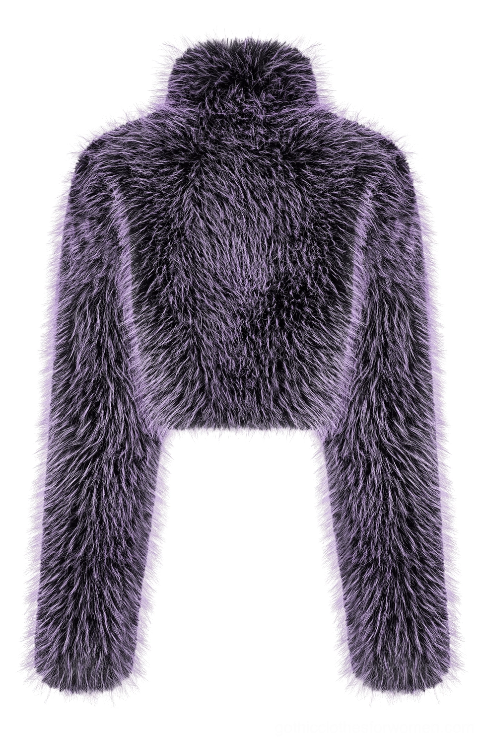 Back flat lay view of purple shaggy cropped gothic jacket showing rear panel construction