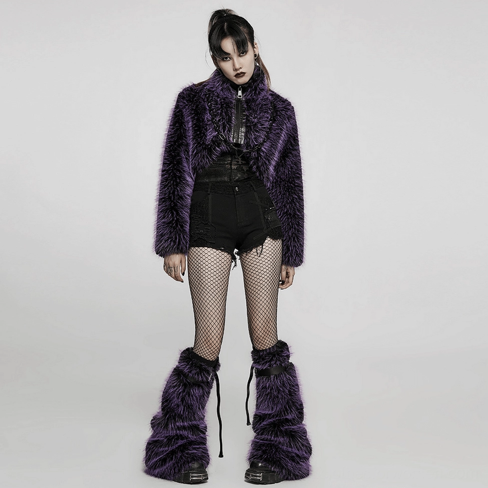 Detailed shot of purple shaggy gothic jacket showing collar construction and chain placement