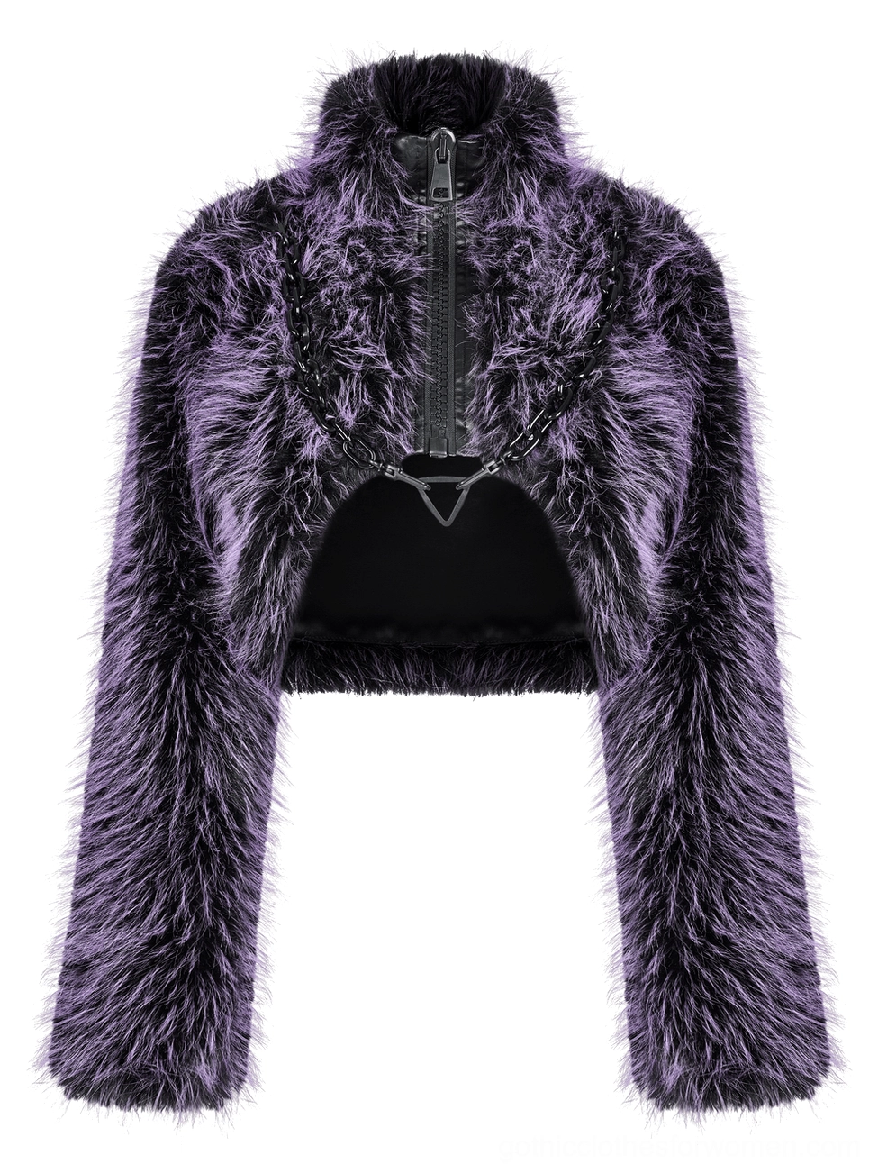 Detailed flat lay of purple shaggy faux fur jacket showing full front panel and texture