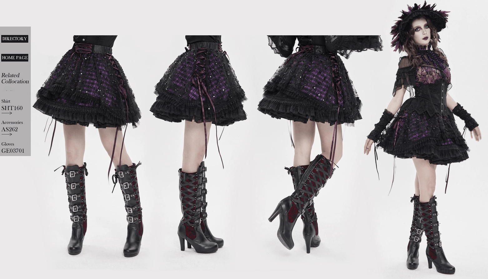 Complete view of black-purple gothic tulle skirt with all design elements visible including sequin overlay, plaid base, lace-up details, and flowing ruffled hem