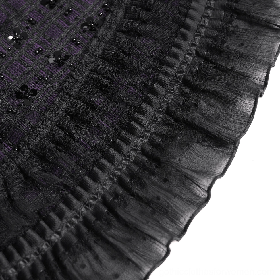 Gothic purple tulle skirt full garment view displaying complete layered composition with ruffled hem, dark romantic aesthetic, and dimensional texture