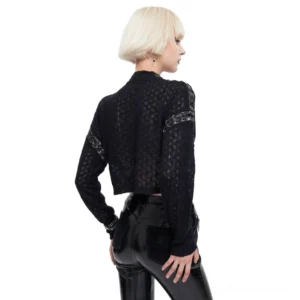 Black gothic cropped top with decorative chain sleeve trims - rear view showcasing quilted knit texture and back hem