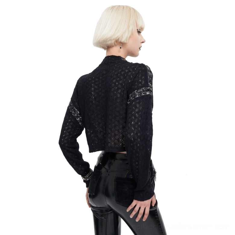 Black gothic cropped top with decorative chain sleeve trims - rear view showcasing quilted knit texture and back hem