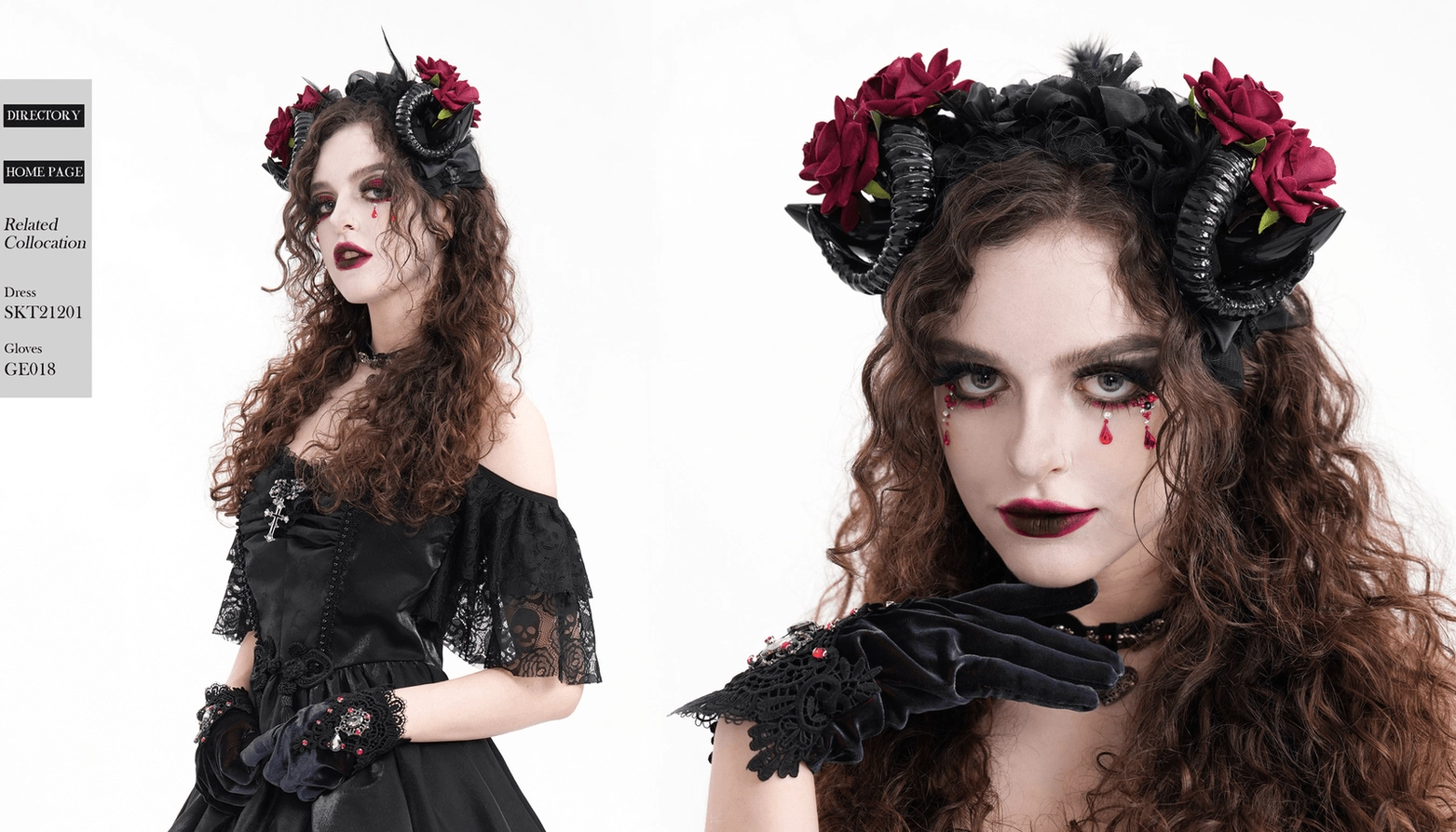 Complete gothic ram horn headpiece composition showing balanced design of black spiral horns, lush crimson roses, ribbon ties, and feather embellishments for statement wear