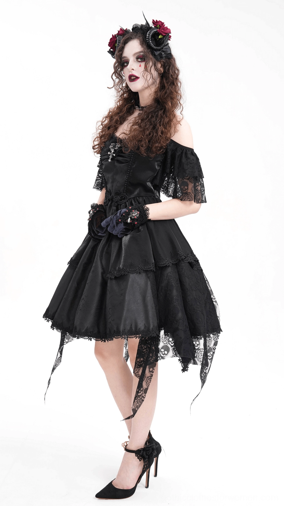 Gothic women's headpiece with decorative ram horns and blood-red velvet roses for punk, goth, and darkwave subculture fashion expression