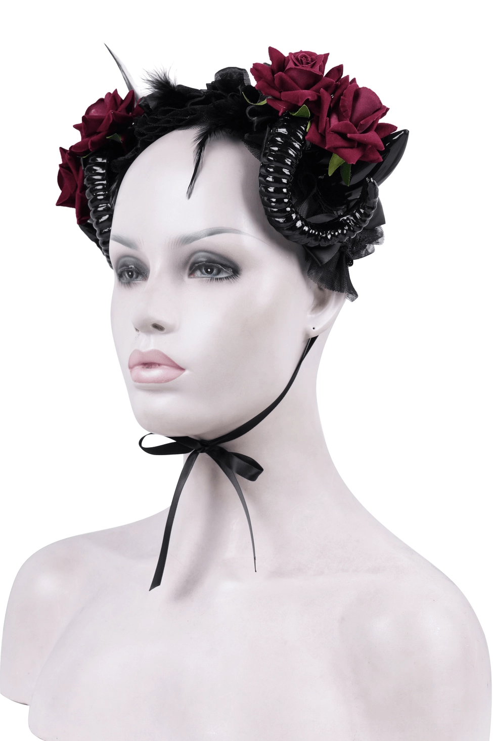 Three-quarter side view of gothic horned rose headband on mannequin bust with glossy black spiral horns and red silk roses