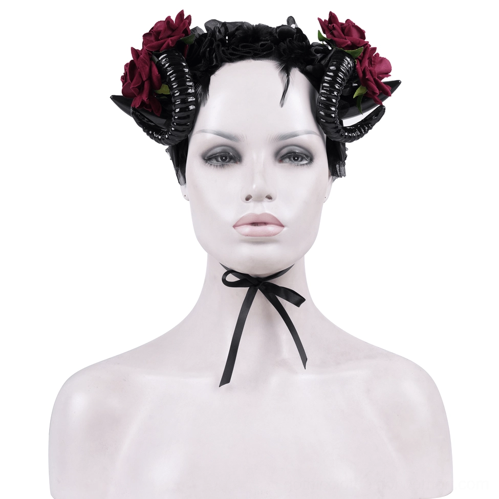 Gothic horned rose headpiece with neck ribbon mounted on white female mannequin bust, front view showing black tie choker and detailed horn structure