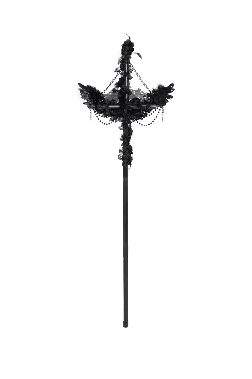 Standard front-facing gothic raven cross staff with inverted cross crown and feather embellishments