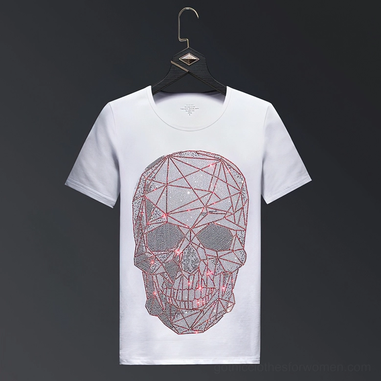 Alternative gothic graphic t-shirt featuring memento mori rhinestone skull design in silver and crimson