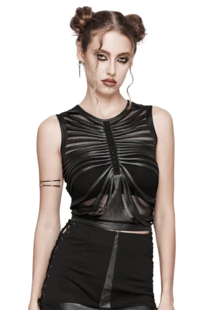 Gothic black ribcage mesh crop top sleeveless front view on model with double space buns, white studio background