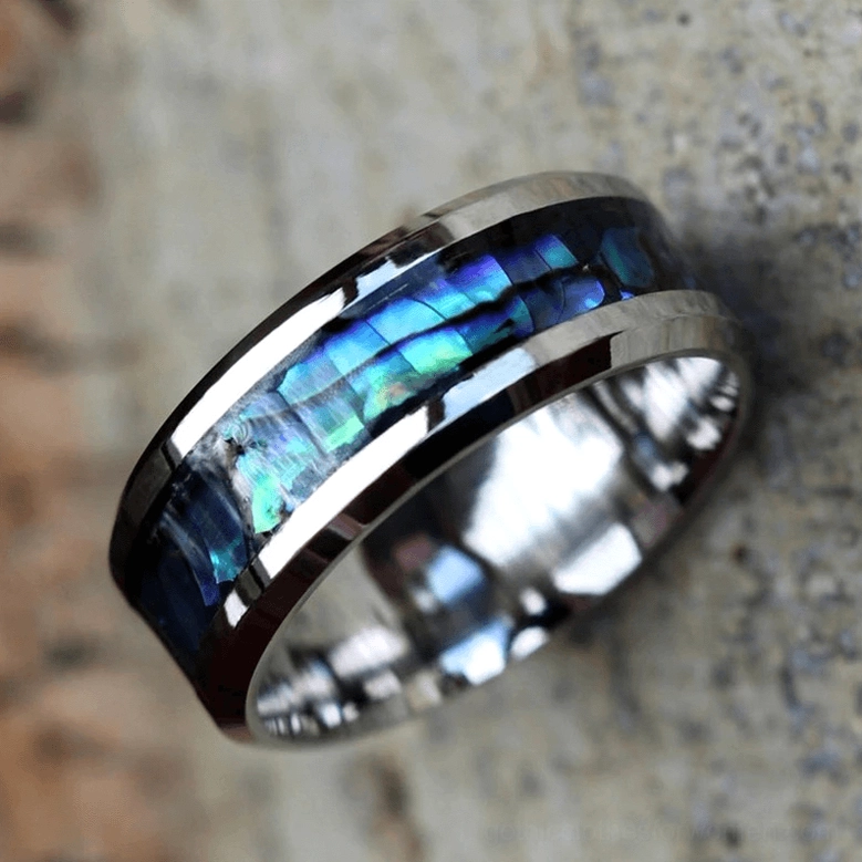 Stainless steel abalone ring angled perspective dual polished silver trims with shifting iridescent inlay