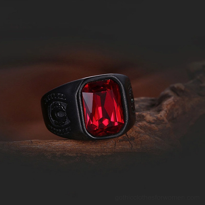Black gothic signet ring with red rectangular glass gem alternative jewelry statement piece