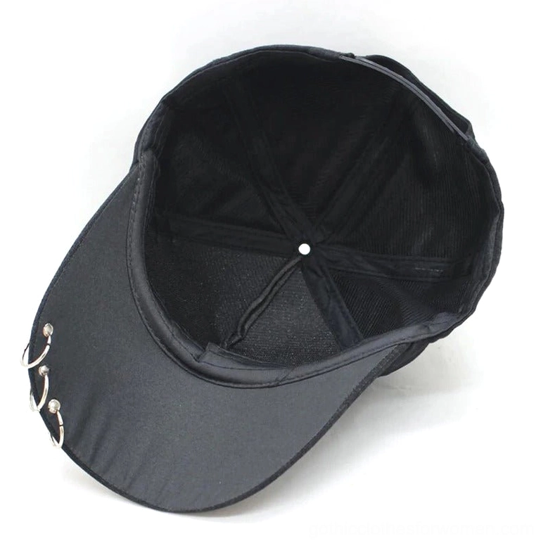 Interior view of gothic ring baseball cap showing black lining and six-panel construction