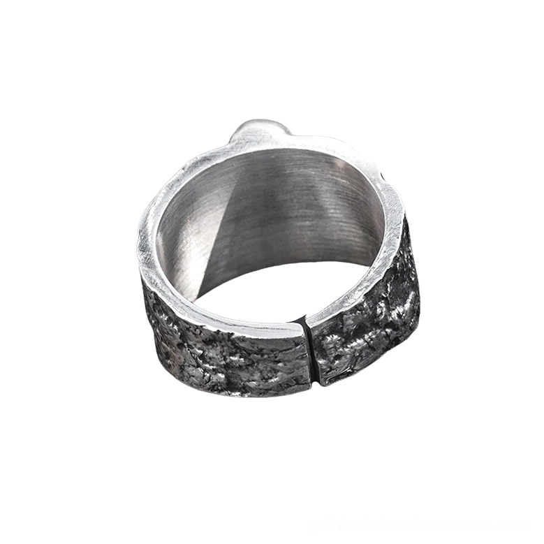 Inner side view of adjustable gothic ring showing smooth polished interior surface and textured outer band