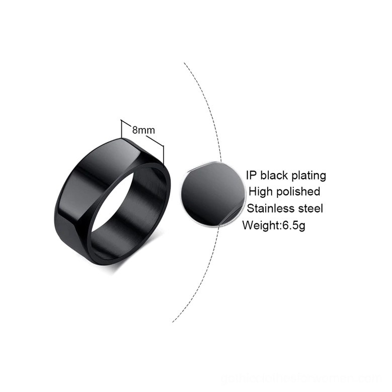 Gothic band ring specifications diagram showing 8mm width, 6.5g weight, and IP black plated stainless steel measurements