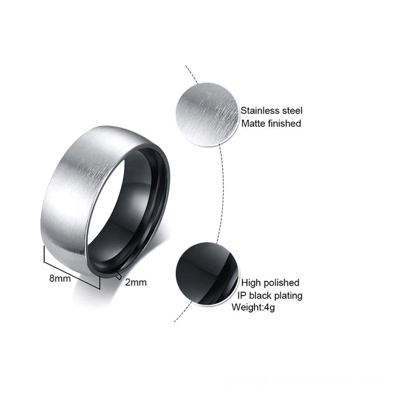 Stainless steel ring specifications chart showing 8mm width, 4g weight, IP black plating, and material details