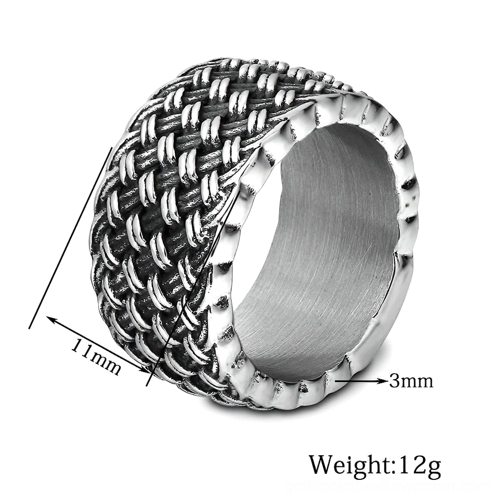 Stainless steel gothic interwoven ring top-down view with size specifications and 12g weight details
