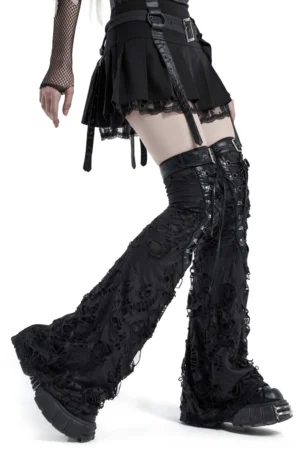 Black gothic ripped leg warmers with lace-up front and distressed fabric, side view on female model wearing alternative fashion