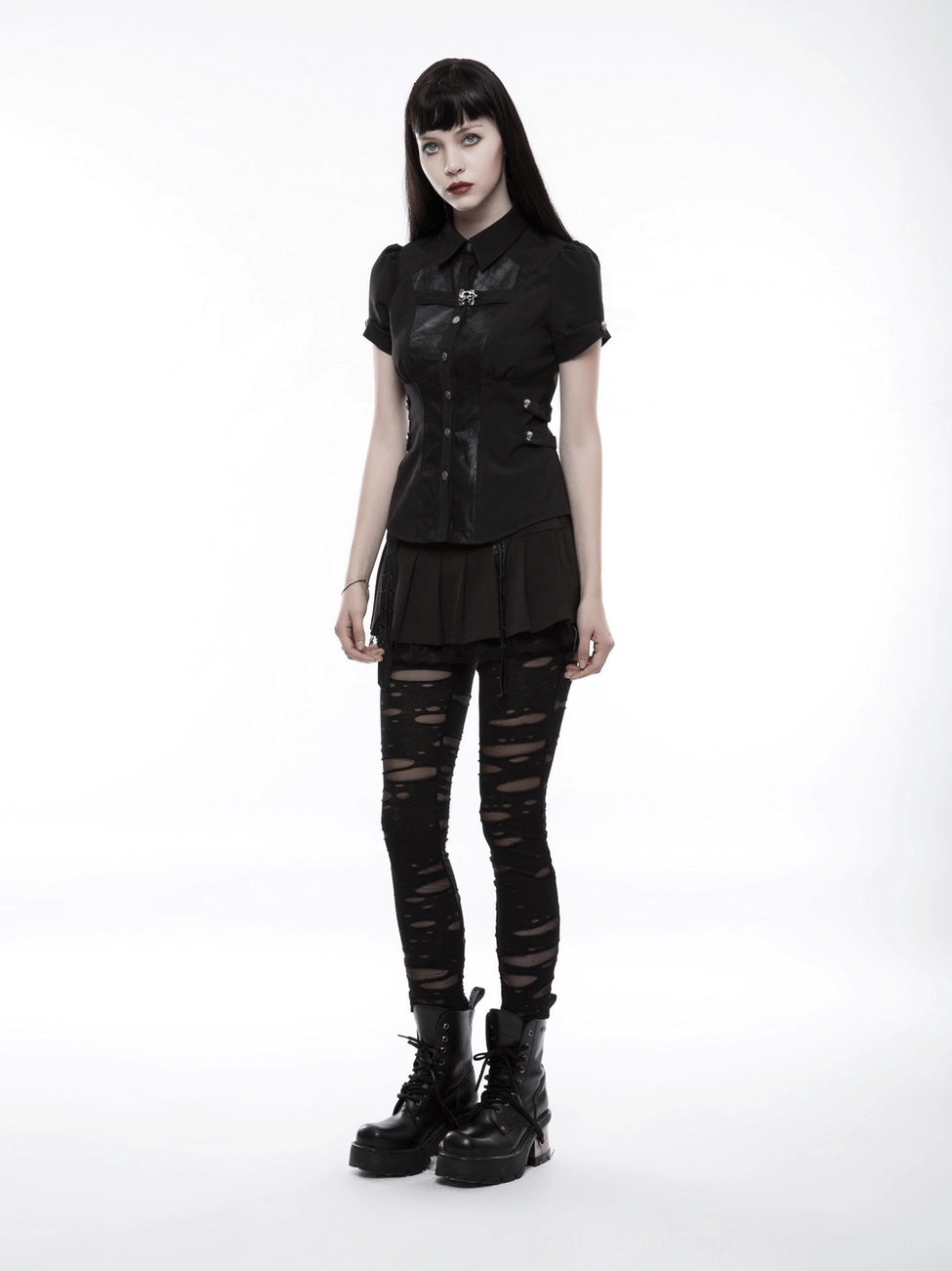 Black gothic distressed leggings front full-body styled with combat boots and black outfit