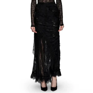 Asymmetric gothic ripped mesh lace maxi skirt worn by model, front full-body view showcasing sheer diagonal slit and frayed trim details