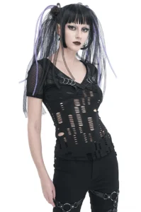 Women's black ripped mesh gothic t-shirt with metal collar rings, front full-body view on model with cyber punk styling