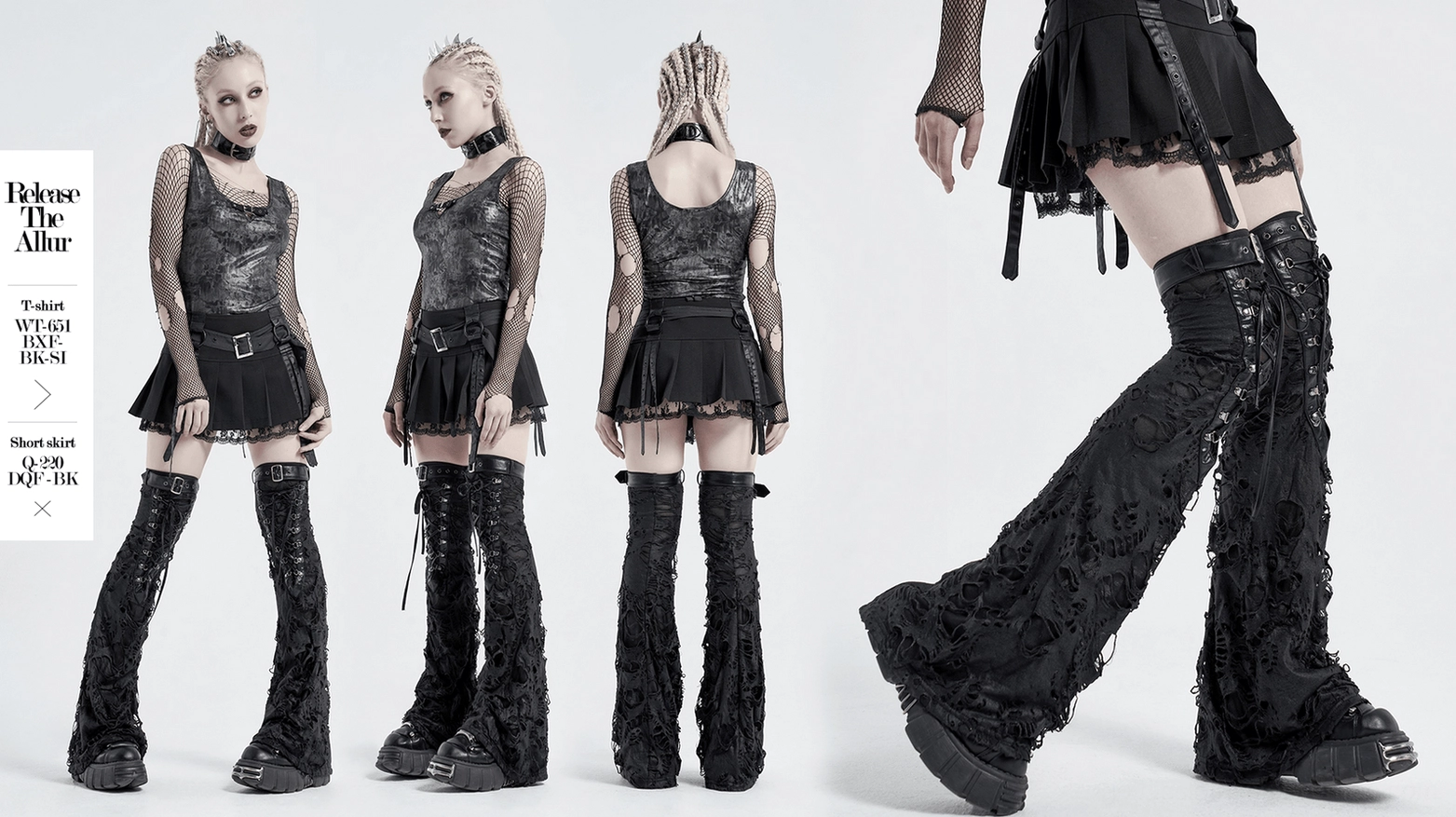 Black gothic ripped strappy leg warmers main product shot featuring distressed fabric, metal buckles, and complete alternative fashion design