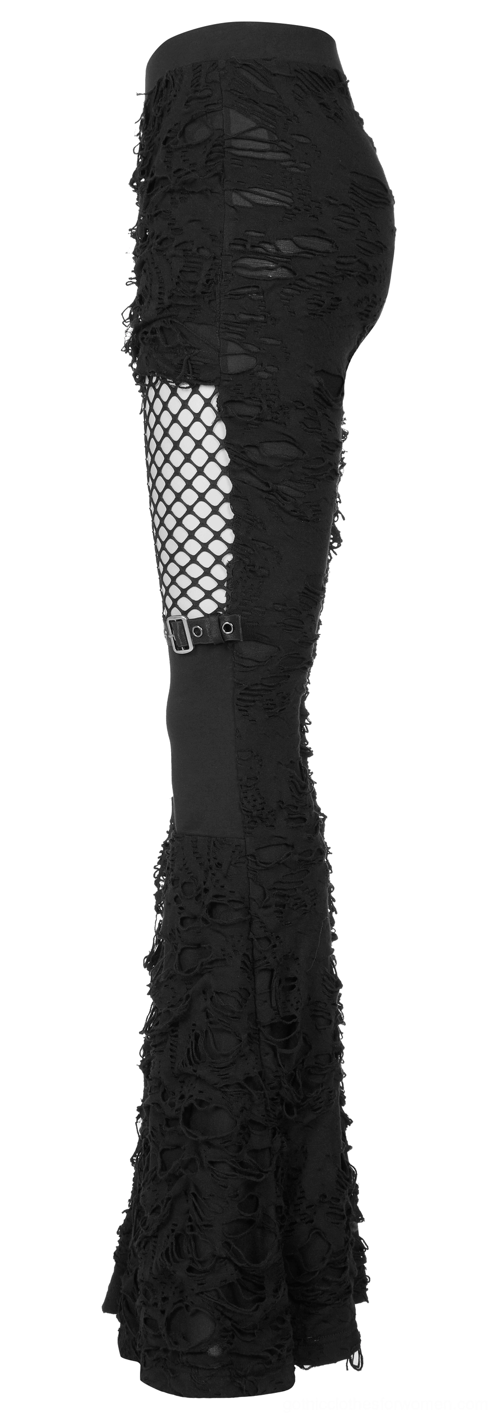 Black gothic ripped flare pants side view showing bell bottom cut and frayed fabric texture