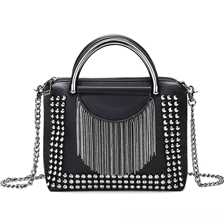 Black studded rivet crossbody bag with silver chain details and tassel embellishment, front flat lay view