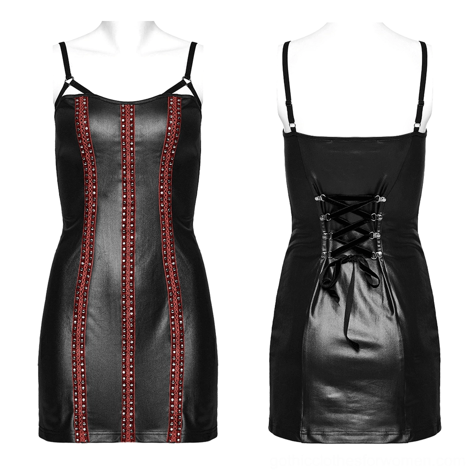Black faux leather gothic dress front flat lay on mannequin with dual red studded rivet stripes